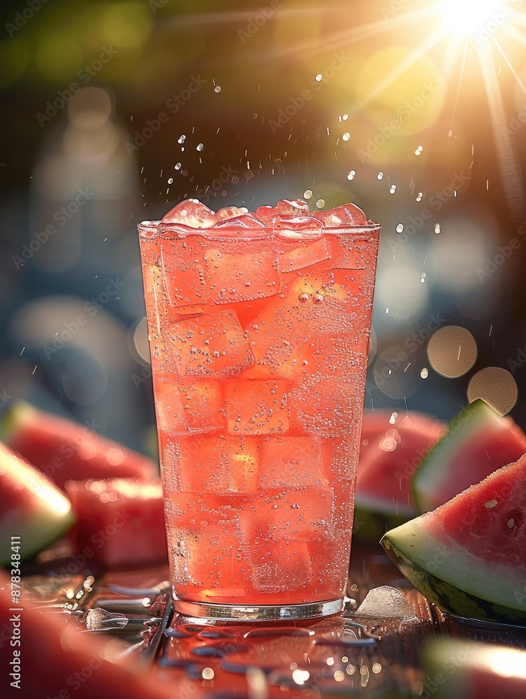 Aufkleber A clear glass filled with watermelon juice, the red juice shimmering with an enticing sheen. Generative AI.