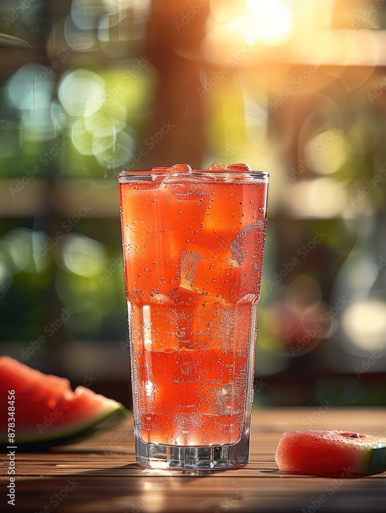 Aufkleber A clear glass filled with watermelon juice, the red juice shimmering with an enticing sheen. Generative AI.