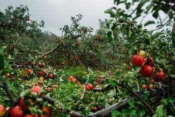 An apple orchard showing the aftermath of a storm, with broken branches and fallen apples scattered across the lush green ground, illustrating nature's resilience and recovery