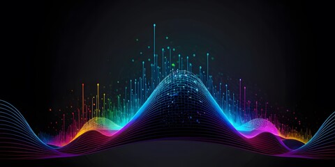 Colorful sound waves emanating from a central AI voice assistant icon, visualizing audio technology and communication capabilities.