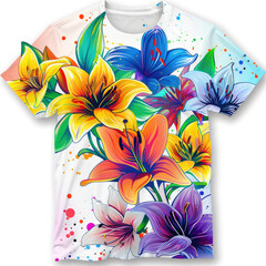 White T-shirt with a print of 3D rainbow lilies close-up, isolated, on a white background. Illustration for advertising summer clothing style.