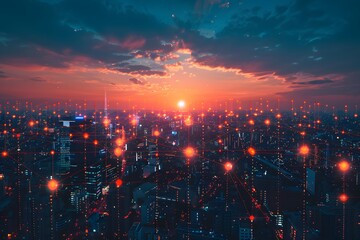 Fototapeta premium Futuristic Cityscape at Sunset with Glowing Network Nodes