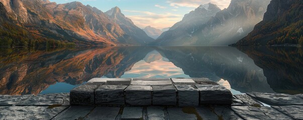 A stone podium at the edge of a serene lake, with mountains reflected in the still water and a peaceful atmosphere.