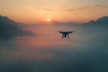 Fototapeta na wymiar Drone Capturing a Serene Sunrise Over Misty Mountains