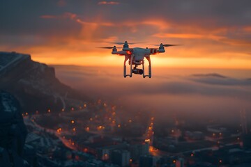 Drone Soaring Over a Cityscape at Sunset