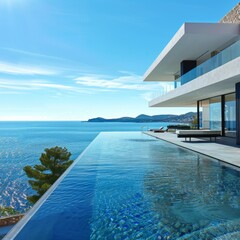 Fototapeta premium Luxurious Villa with Infinity Pool Overlooking the Ocean, Capturing Abstract Wealth Concept. Stunning Wallpaper Ideal for Summer Vacation, Retirement, Leisure, and Holiday Bestsellers. Abstract Paradi