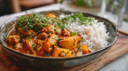 Potato and chicken nut chili served with a rice dish on a platter