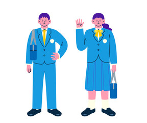 ポジティブな表情でポーズをとる制服姿の男女の学生全身セット