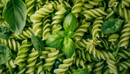 Fototapeta premium A close-up photo of green fusilli pasta topped with pesto sauce.