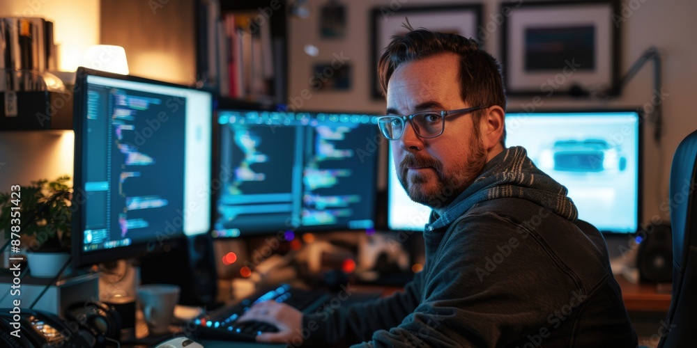 Poster tech-savvy individual coding in a vibrant home office setup with multiple monitors and rgb lighting.