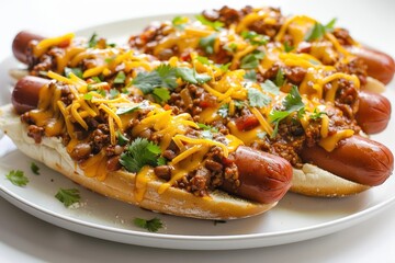 Fototapeta premium Gourmet Chili-Cheese Dogs with Grilled Beef Franks and Molten Cheese