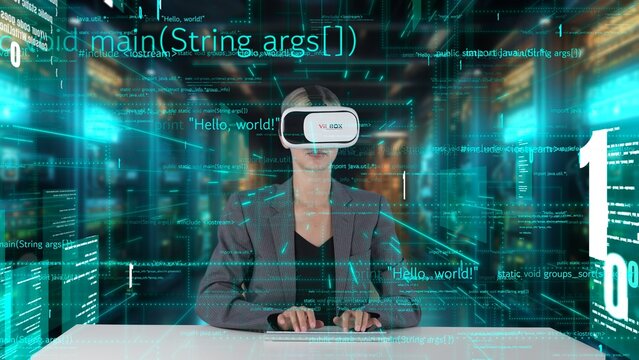 IT developer typing computer code for analyzing intelligent website development coder system data selection by VR innovation interface digital network technology visual hologram server. Contraption.