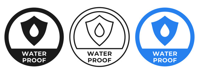 Waterproof material label. Water resistant fabric icon. Rain protection vector illustration. Anti liquid defense emblem, badge, symbol or stamp. Shield with droplet seal. water protection icon.