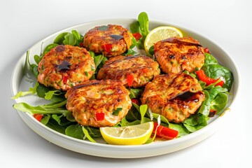 Fototapeta premium Delicious Dijon Balsamic Salmon Cakes with Fresh Lemon Garnish