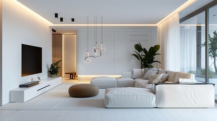 Modern, elegant living room with white walls and a hanging LED lighting system creating a warm glow
