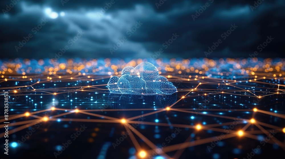 Fototapete a three-dimensional digital network with interconnected data points and lines. dark background with 