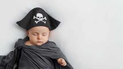 Adorable baby sleeping peacefully dressed as a pirate with a black hat and skull design. Perfect for celebrating Halloween or playful themes.