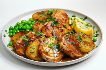 Delicious Dijon Turkey Dinner with Crispy Potatoes and Fresh Peas