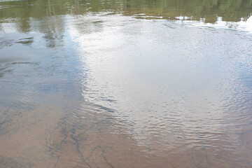 A peaceful panorama of a lake reflecting colorful autumn trees under a bright blue sky