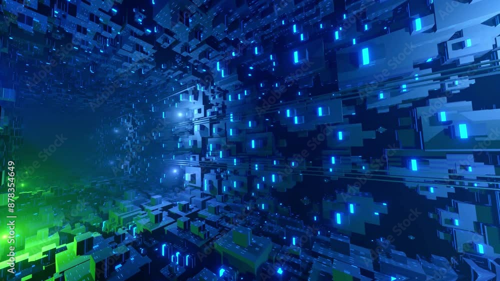 Poster flight through hi-tech technology tunnel with camera shake. neon light and mist, sci-fi construction