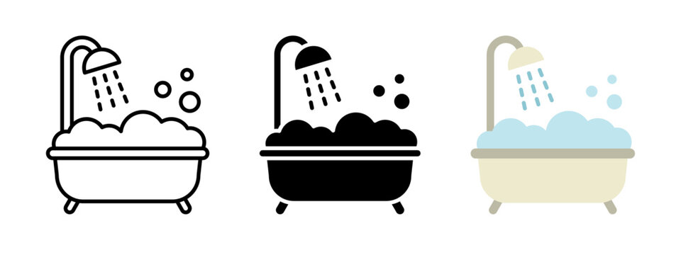 Bathtub with soap foam icon. Shower with bubbles vector illustration. Soapy water symbol. Foaming water sign. Hygiene pictogram. Bath silhouette.