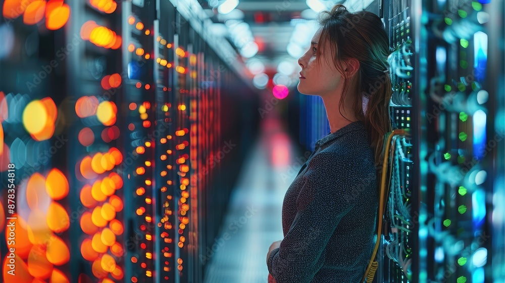 Poster IT engineer woman working in a data center with rows of blinking servers, colorful cables, and screens displaying lines of code, illustrating the complexity of digital infrastructures. Generative AI.