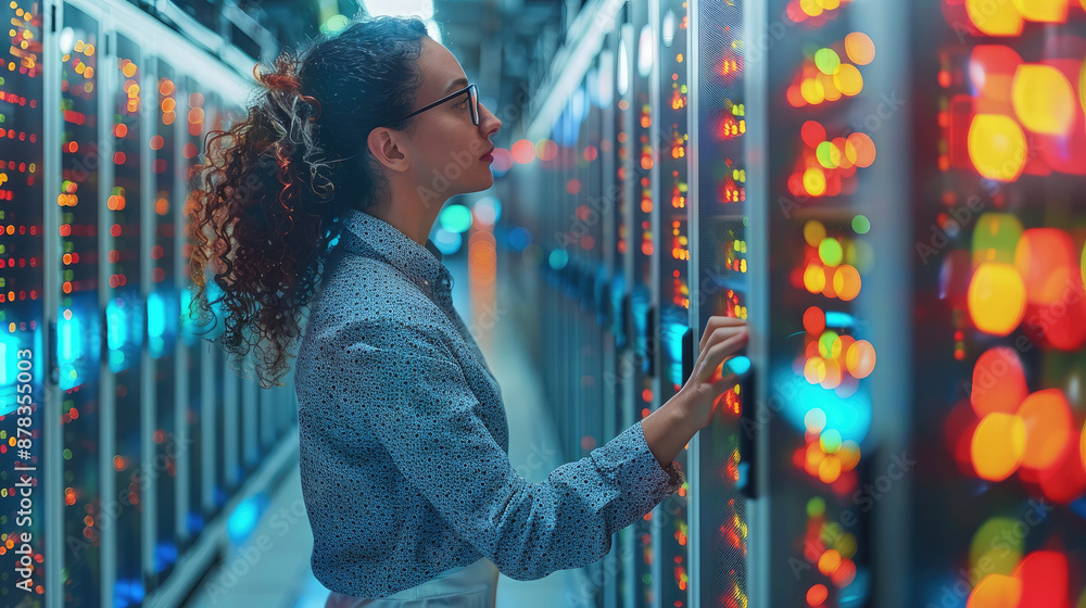 Poster it engineer woman working in a data center with rows of blinking servers, colorful cables, and scree