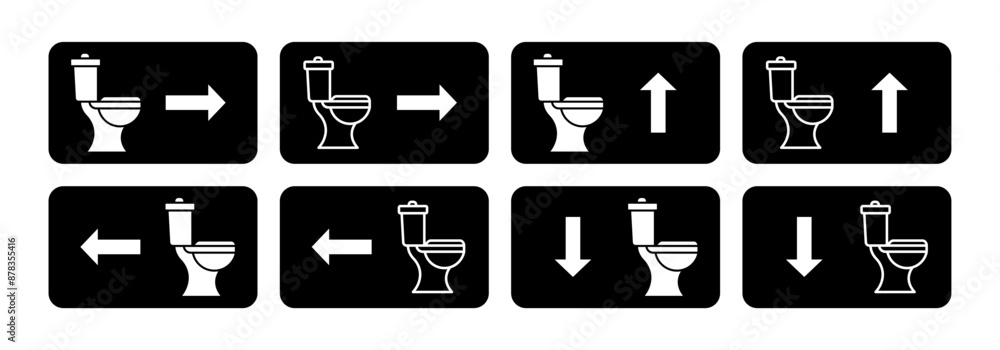 Poster wc direction sign icon set. restroom information banner. public toilet pointer arrow emblem. bathroo