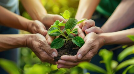 Collaboration to plant trees for a better environment Several pairs of hands were holding a small sapling. Ready to plant in the ground It shows unity and taking care of nature together