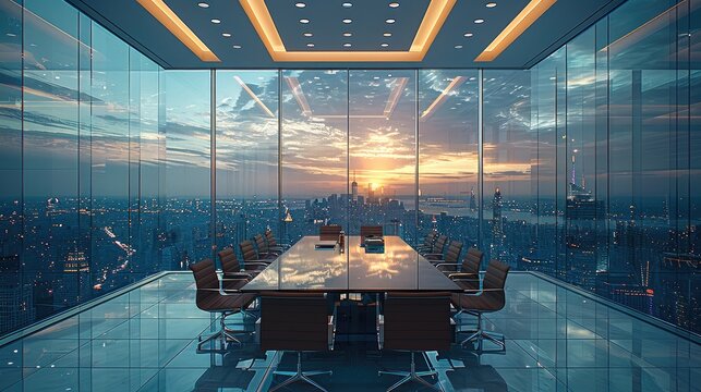 High-end luxury boardroom The view outside is very beautiful. The view of the city outside from the 50th floor window is clear and detailed. Generative AI.