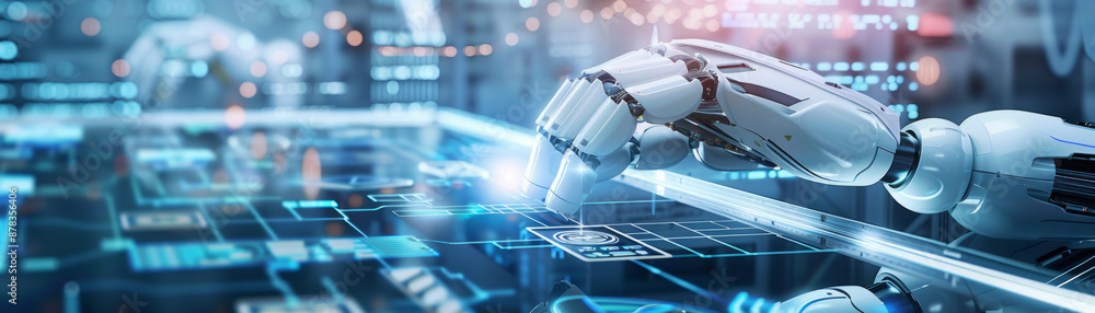 Poster digital twin overlay in smart factory with robotic arms, highlighting advanced manufacturing technol