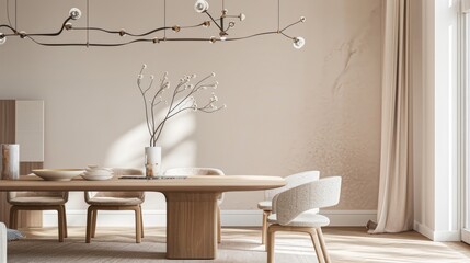 A dining room with a sleek Scandinavian design