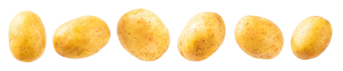 Young potatoes. Raw potatoes isolated on white background.Peel potatoes.Harvesting collection. organic, freshly dug potatoes. Agricultural background. Vegan. Vegetables.Potato slices.