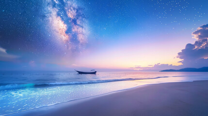 Fototapeta premium Starry sky, bioluminescent waves, and summer magic on a nighttime beach scene.