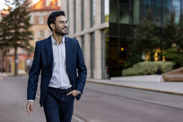 Confident smiling businessman wearing blazer and glasses walking in urban city street. Professional young man enjoying his day. Concept of success, confidence, business attire.