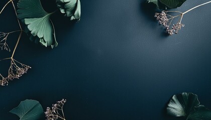 Dark academia flat lay background with dried flowers and foliage, black surface with plants.