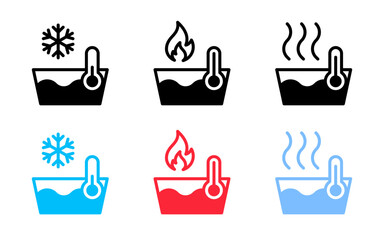 Hot and cold water icon set. Still and boiled water symbol. Bath temperature indicator. Snow, fire and steam sign. Basin with thermometer pictogram. Warm and cool bath concept.