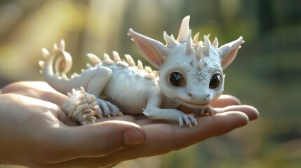 A hand holding a white toy dragon on it's palm