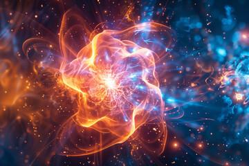 vibrant, swirling energy with orange and blue hues, creating an explosive visual impact filled with sparks and light, symbolizing dynamic power and intensity.