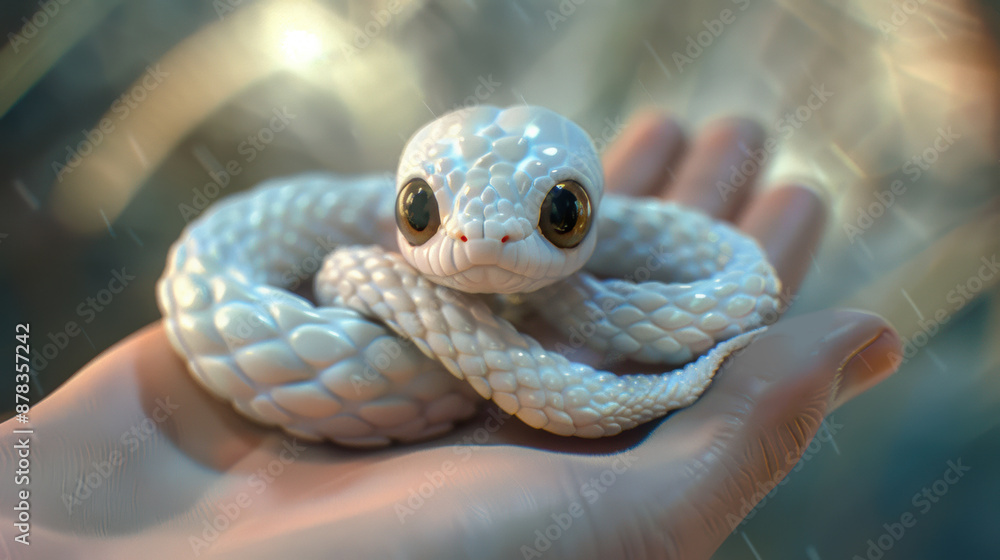 Poster A white snake sitting on top of a person's hand