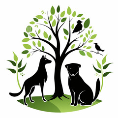 Silhouette of Pets and Birds Around a Tree