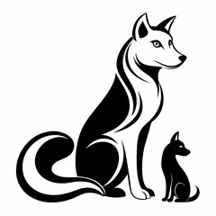 Black and White Illustration of a Happy Dog and Cat Duo
