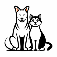 Black and White Illustration of a Happy Dog and Cat Duo
