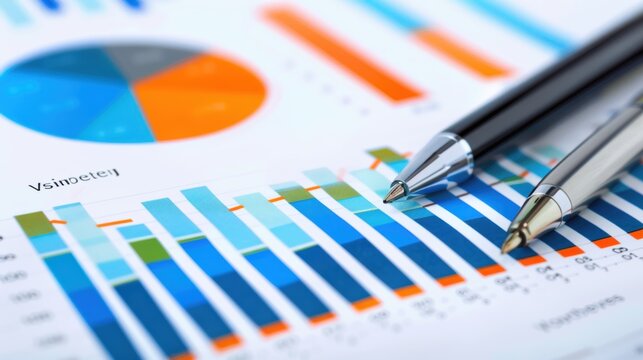 Business data graphs and charts Show results of analysis and evaluation with pens and tools used to present information professionally.