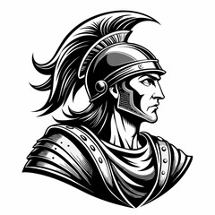Spartan Warrior in Battle Helmet - Black and White Vector Illustration