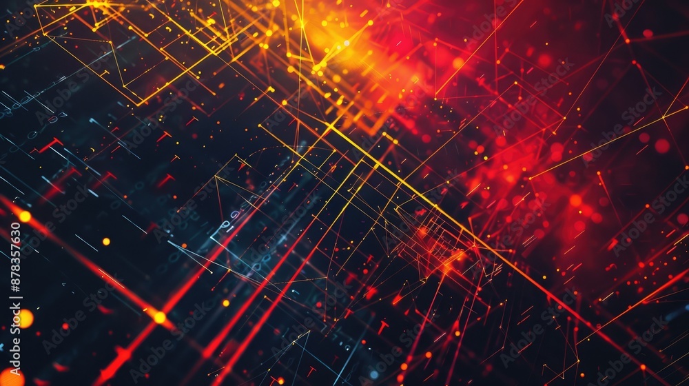 Aufkleber the image is of a circuit board with red and yellow lines. there are also some blue and green dots. 