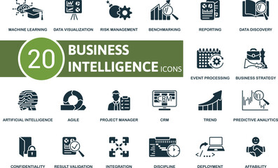 Business Intelligence icon set. Machine Learning, Data Visualization, Risk Management, Benchmarking, Reporting, Data Discovery, Event Processing, Business Strategy, Artificial Intelligence, Agile