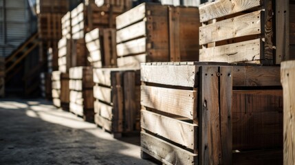 Empty wooden crates in warehouse yard with text space