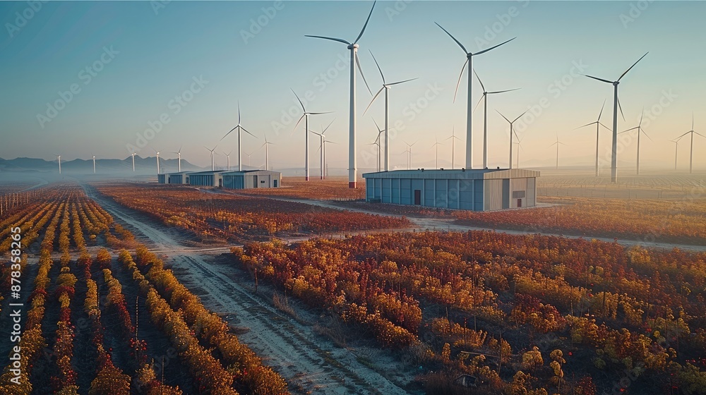 Poster an electric landscape with rectangular fields of containers with a wind turbine behind them. generat