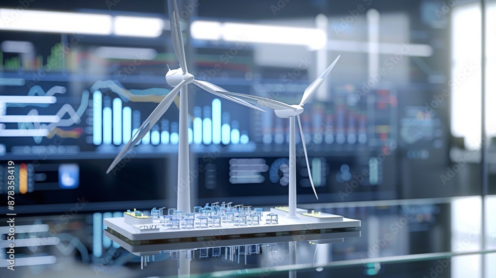 Poster wind turbine energy system showcasing technology and real-time data analytics with detailed graphs a
